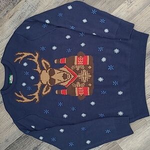 Festive Navy Blue Holiday Large Humor Ugly Sweater Reindeer Snowflakes